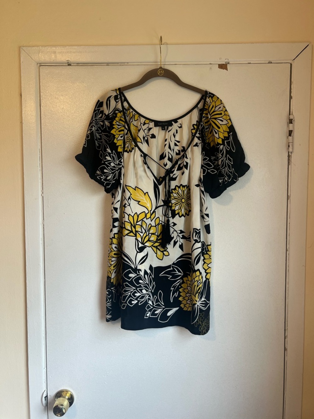 Karen Kane Black White Yellow Floral 100% Silk Blouse Scoop Neck Size XL
